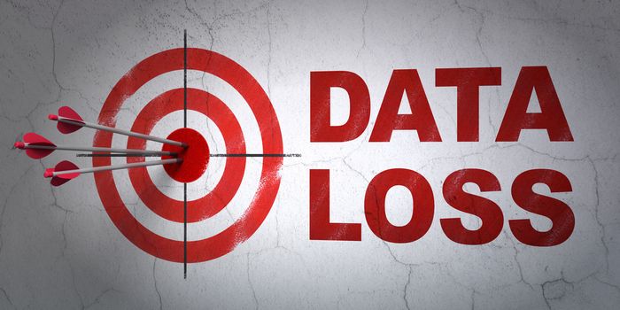 Success Data concept: arrows hitting the center of target, Red Data Loss on wall background, 3D rendering