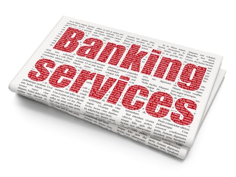 Money concept: Pixelated red text Banking Services on Newspaper background, 3D rendering