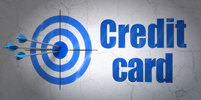 Success currency concept: arrows hitting the center of target, Blue Credit Card on wall background, 3D rendering
