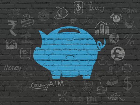 Money concept: Painted blue Money Box icon on Black Brick wall background with Scheme Of Hand Drawn Finance Icons