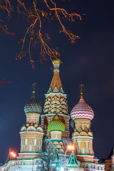 St. Basil's Cathedral on Red Square in the city center on a winter night