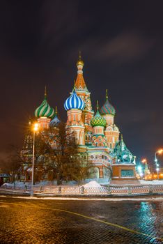 Night view of the beautiful St. Basil's Cathedral on Red Square in Moscow, Russia