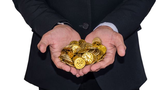 A handful of coins in the palm of hands