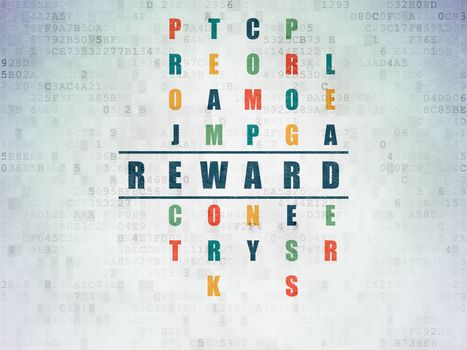 Finance concept: Painted blue word Reward in solving Crossword Puzzle on Digital Data Paper background