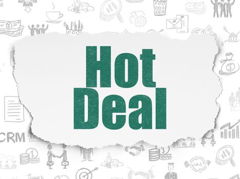 Business concept: Painted green text Hot Deal on Torn Paper background with  Hand Drawn Business Icons