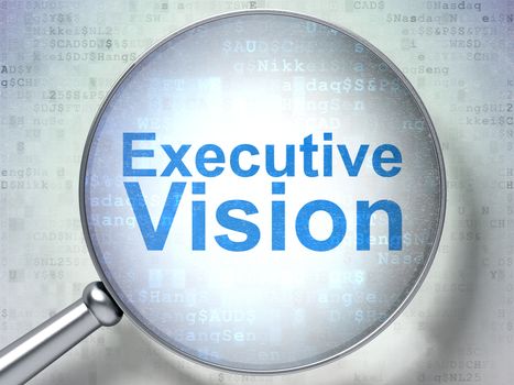 Business concept: magnifying optical glass with words Executive Vision on digital background, 3D rendering