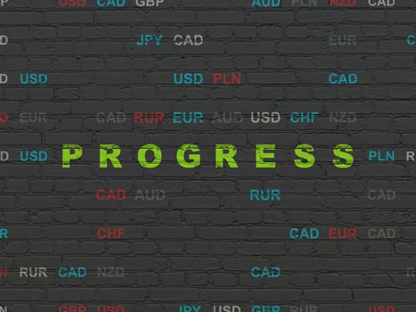 Business concept: Painted green text Progress on Black Brick wall background with Currency