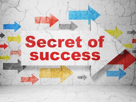 Business concept:  arrow with Secret of Success on grunge textured concrete wall background, 3D rendering