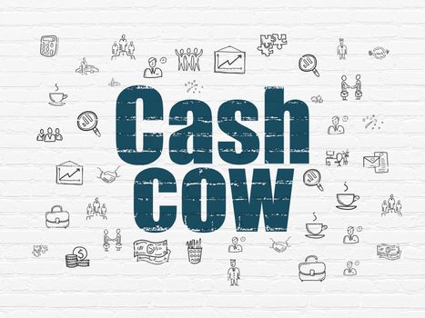 Finance concept: Painted blue text Cash Cow on White Brick wall background with  Hand Drawn Business Icons