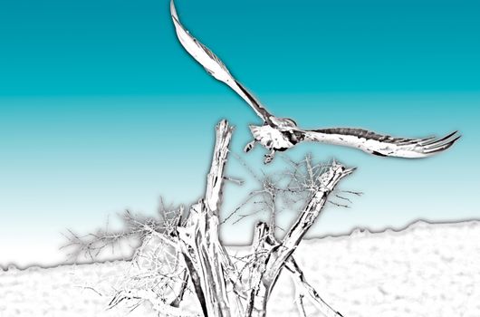 Drawing of a fascinated eagle flying on a branch with a gradient background of blue