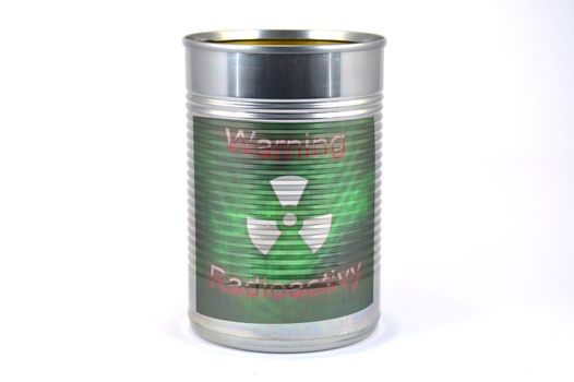 Tin cans on a white background with a radioactivity logo