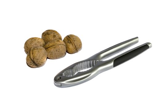 Group of walnuts and nutcracker, isolated on white background
