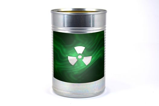 Tin cans on a white background with a radioactivity logo