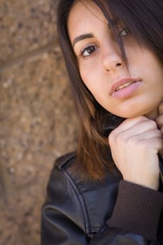 Beautiful Meloncholy Mixed Race Young Woman Portrait Outside.