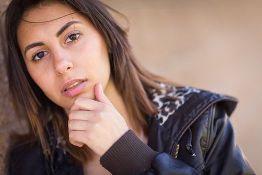 Beautiful Meloncholy Mixed Race Young Woman Portrait Outside.