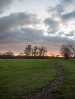 path through open flat plain country trees sky sunset dramatic ; essex; england; ukpath through open flat plain country trees sky sunset dramatic