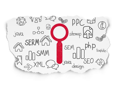 Web design concept: Painted red Search icon on Torn Paper background with  Hand Drawn Site Development Icons