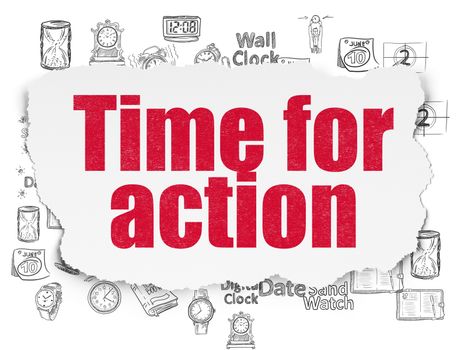 Time concept: Painted red text Time for Action on Torn Paper background with  Hand Drawing Time Icons