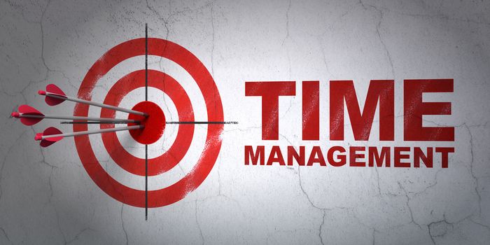 Success timeline concept: arrows hitting the center of target, Red Time Management on wall background, 3D rendering