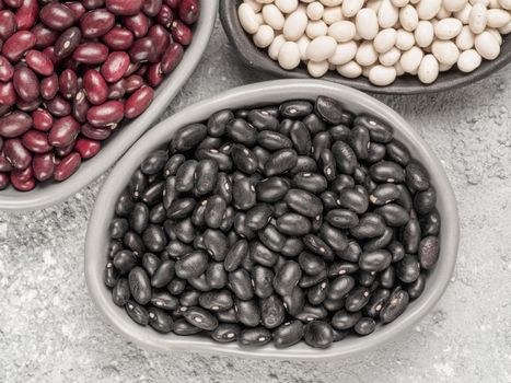 Top view of raw black beans in trendy plate on gray concrete background. Plates with red and white beans cropped.