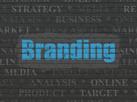 Marketing concept: Painted blue text Branding on Black Brick wall background with  Tag Cloud