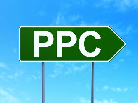 Marketing concept: PPC on green road highway sign, clear blue sky background, 3D rendering