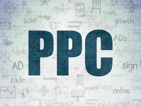 Marketing concept: Painted blue text PPC on Digital Data Paper background with   Hand Drawn Marketing Icons