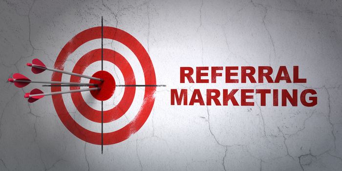 Success advertising concept: arrows hitting the center of target, Red Referral Marketing on wall background, 3D rendering