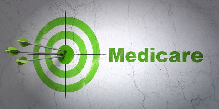 Success Healthcare concept: arrows hitting the center of target, Green Medicare on wall background, 3D rendering