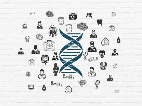 Healthcare concept: Painted blue DNA icon on White Brick wall background with  Hand Drawn Medicine Icons