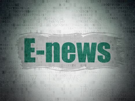 News concept: Painted green text E-news on Digital Data Paper background with   Tag Cloud