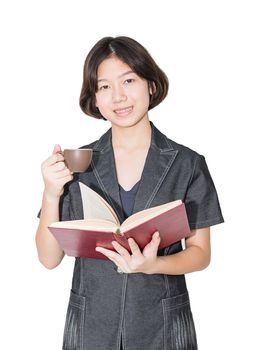 Young female short hair holding up red book and coffee cup, Cut out isolated on white background