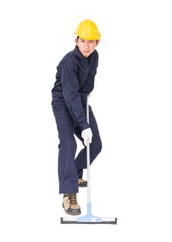 Young man in uniform hold mop for cleaning glass window, Cut out isolated on white background