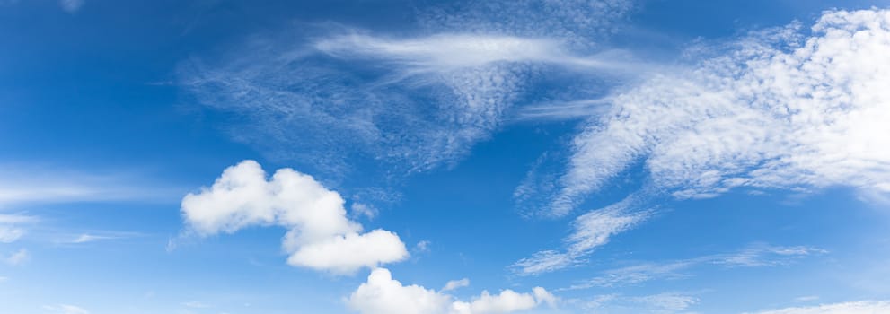 Panoramic white fluffy clouds in the blue sky, Fantastic soft white clouds against blue sky