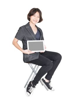 Asian women sit on chair with using mobile phone ,Cut out isolated over white background