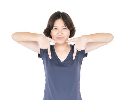 Young female short hair with blank gray t-shirt, Cutout isolated on white background