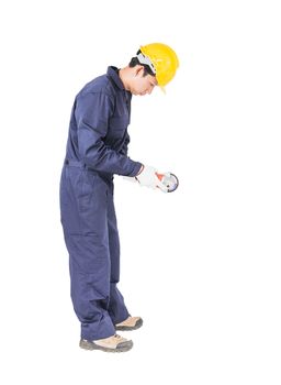 Young handyman in uniform hold grinder, Cutout isolated on white background