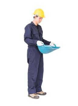 Young worker in uniform hold Hod or clam-shell shaped basket is a construction tools  ,Cut out isolated on white background