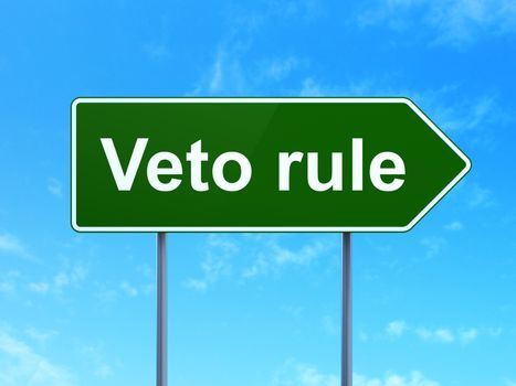 Politics concept: Veto Rule on green road highway sign, clear blue sky background, 3D rendering