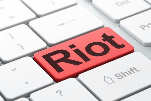 Politics concept: computer keyboard with word Riot, selected focus on enter button background, 3D rendering