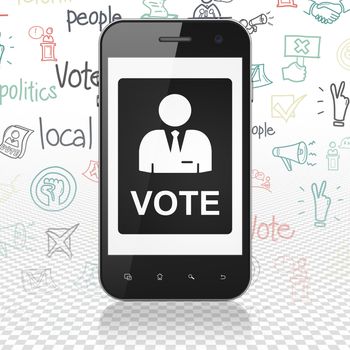 Politics concept: Smartphone with  black Ballot icon on display,  Hand Drawn Politics Icons background, 3D rendering