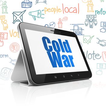 Politics concept: Tablet Computer with  blue text Cold War on display,  Hand Drawn Politics Icons background, 3D rendering
