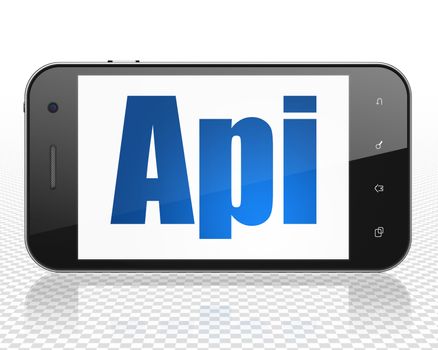 Programming concept: Smartphone with blue text Api on display, 3D rendering