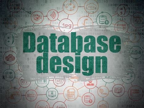 Database concept: Painted green text Database Design on Digital Data Paper background with  Scheme Of Hand Drawn Programming Icons