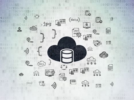 Programming concept: Painted black Database With Cloud icon on Digital Data Paper background with  Hand Drawn Programming Icons