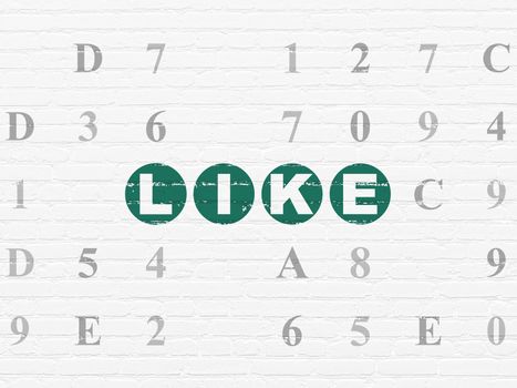 Social media concept: Painted green text Like on White Brick wall background with Hexadecimal Code