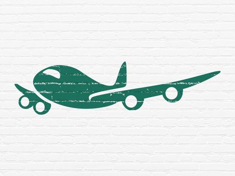 Vacation concept: Painted green Airplane icon on White Brick wall background