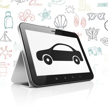 Vacation concept: Tablet Computer with  black Car icon on display,  Hand Drawn Vacation Icons background, 3D rendering