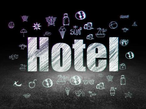 Tourism concept: Glowing text Hotel,  Hand Drawn Vacation Icons in grunge dark room with Dirty Floor, black background