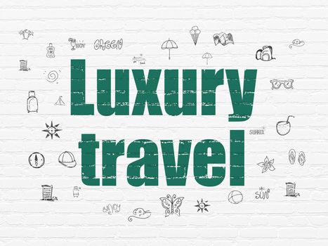 Travel concept: Painted green text Luxury Travel on White Brick wall background with  Hand Drawn Vacation Icons